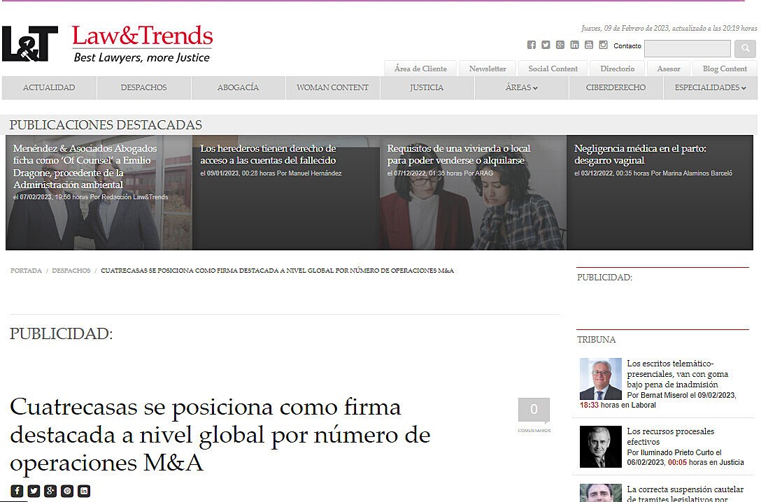 Cuatrecasas se posiciona como firma destacada a nivel global por nmero de operaciones M&A